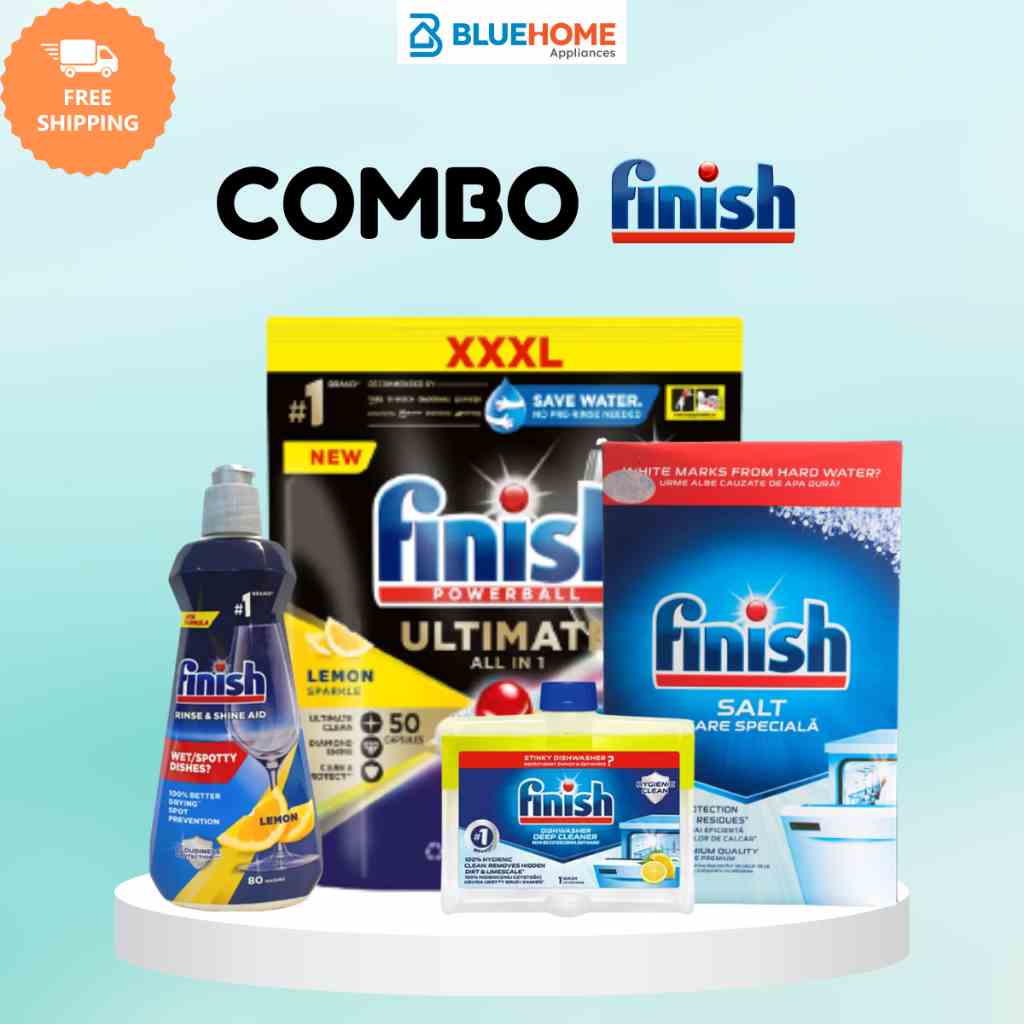 Combo Finish: Viên rửa bát Quantum Ultimate 50 viên + Muối 1.5kg + Bóng 400ml + Dung dịch vệ sinh 250ml