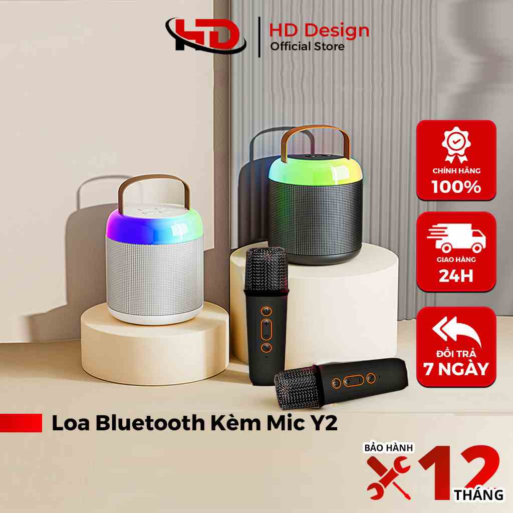 Loa Bluetooth Mini Karaoke Kèm Mic Y2 - 2 Màng Bass Cực Căng - Nhiều Chế Độ Hát - Công Suất 8w - Chính Hãng HD Design