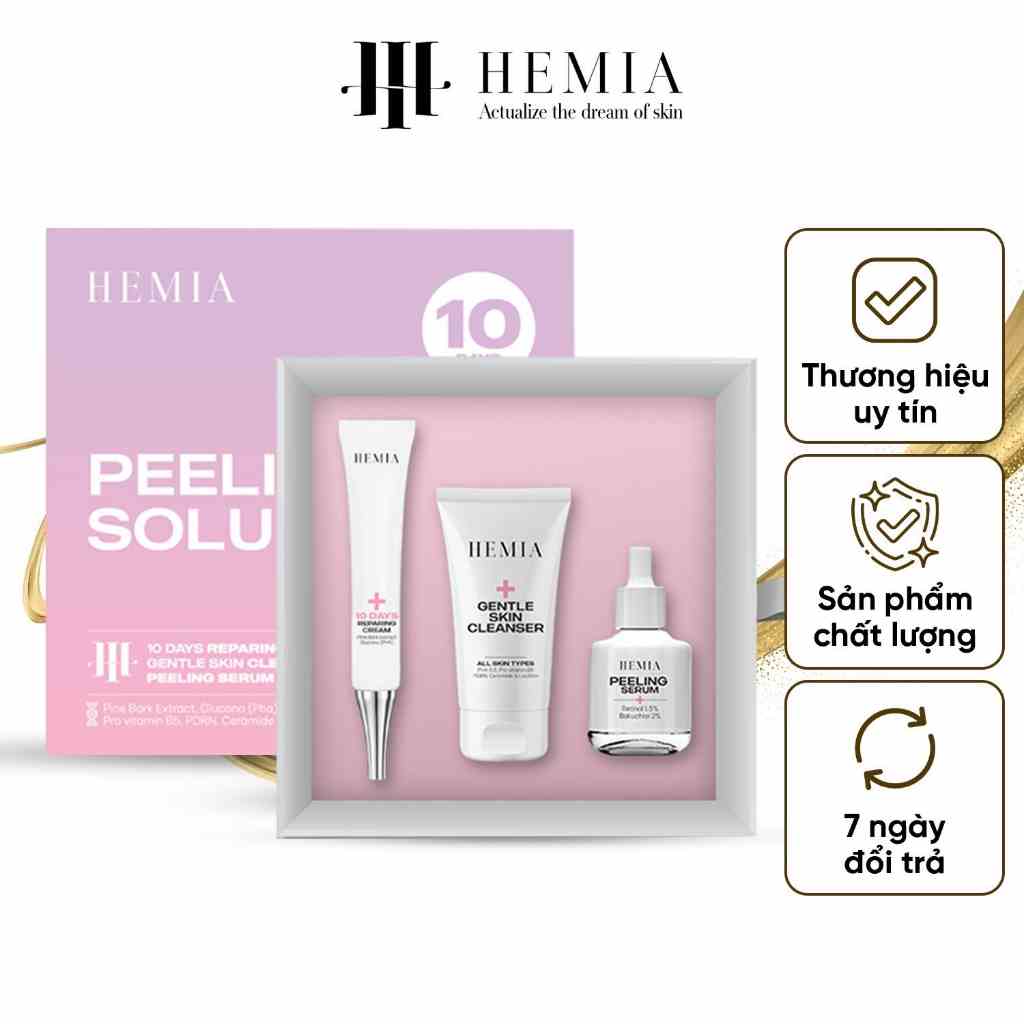 Bộ 3 sản phẩm peel da HEMIA gồm sữa rửa mặt cho da peel, tinh chất tái tạo retinol 0.5%, kem dưỡng phục hồi da