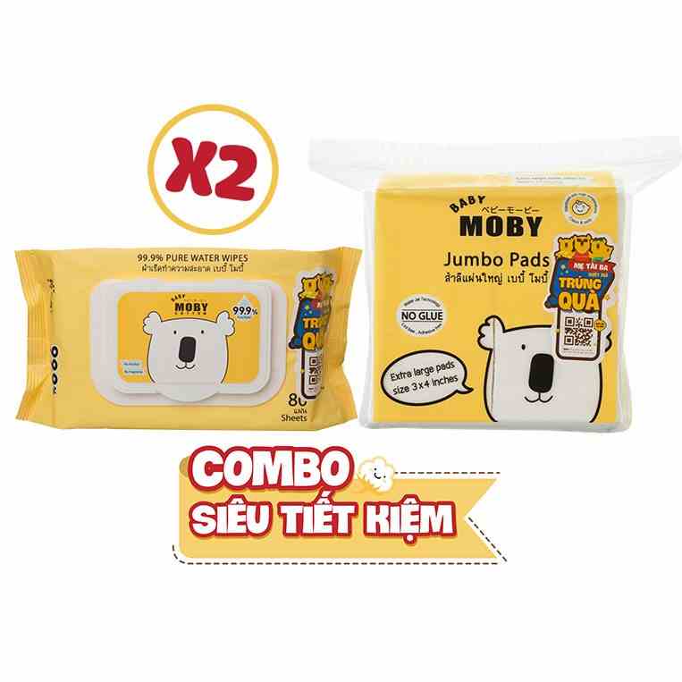 COMBO 02 Gói khăn ướt Moby (80 tờ/gói) + 01 Bông miếng Moby cỡ lớn (100 miếng/gói)