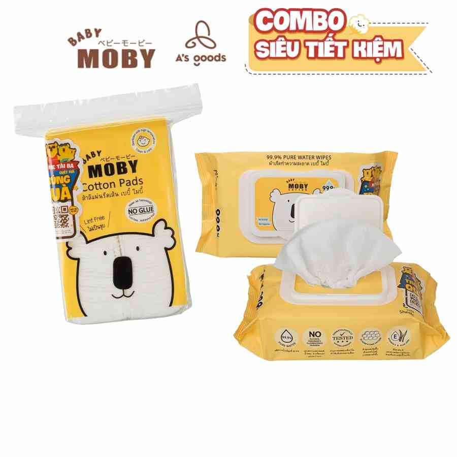 Combo 01 Bịch bông Moby đa năng cỡ nhỏ (100gr/bịch) + 02 Bịch khăn ướt Moby (80 tờ/bịch)