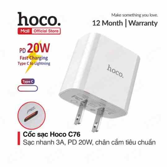 Cốc sạc PD20W Hoco C76 1 cổng Type- C, sạc nhanh 3A, chân cắm chuẩn tiêu chuẩn an toàn