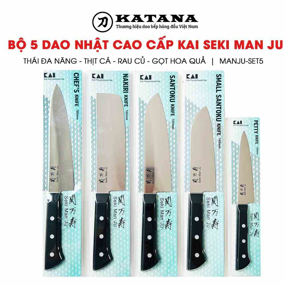 Bộ 5 dao Nhật cao cấp KAI Seki Man Ju - Thái đa năng - Thịt cá - Rau củ - Gọt hoa quả MANJU-SET5