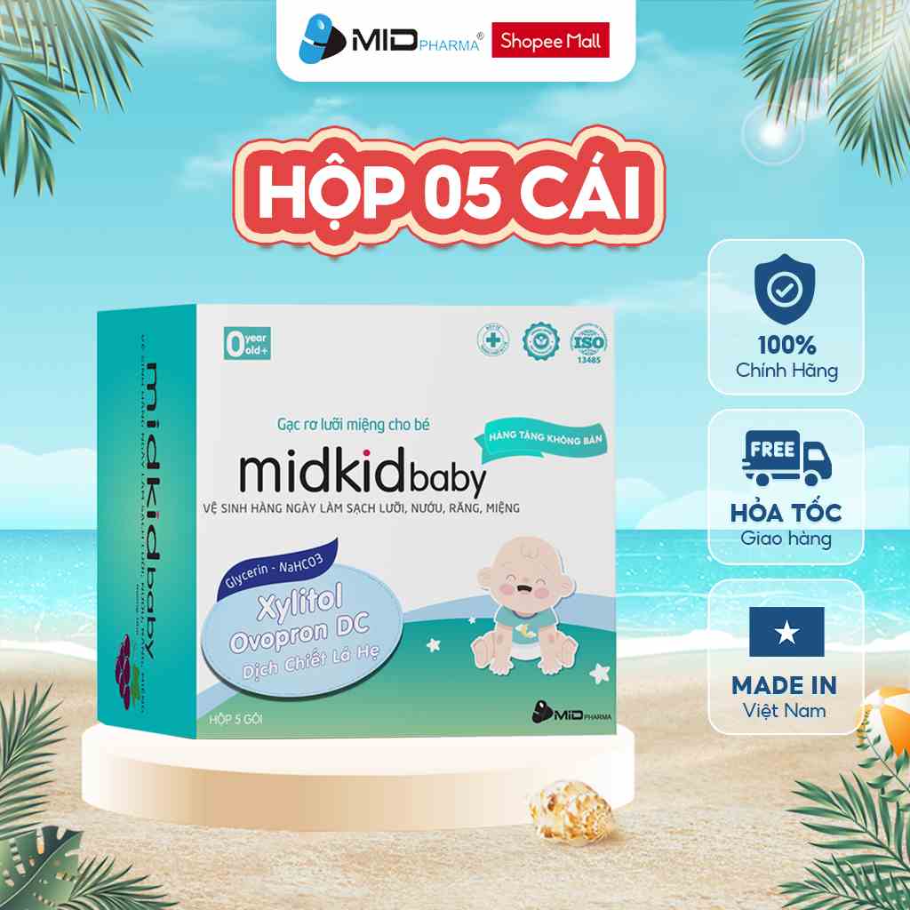 Gạc rơ lưỡi Midkid Baby hộp 5 gói dùng thử cho bé sơ sinh giúp làm sạch lưỡi và khoang miệng  đạt tiêu chuẩn ISO 5 sao