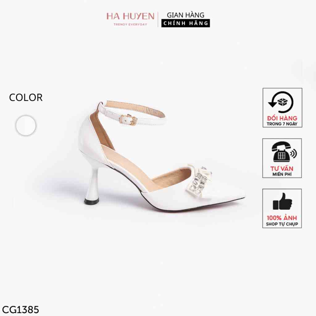 Giày cao gót nữ Hà Huyền Shoes khoét eo mũi nhọn nơ chéo đính đá quai mảnh 7 phân - CG1385