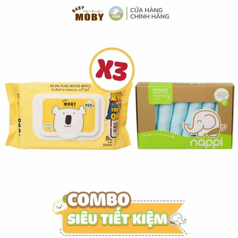 [COMBO SIÊU TIẾT KIỆM] 3 Gói Khăn ướt Moby Baby Thái Lan (80 tờ/gói) + 1 Hộp khăn sữa Nappi (6 chiếc/hộp)