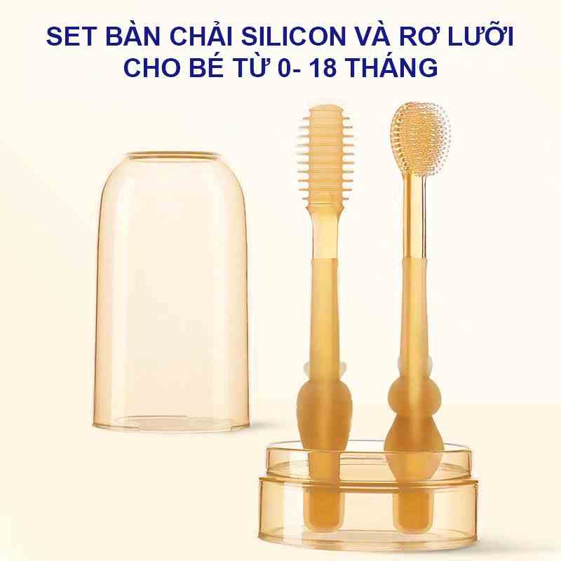 [Mã BMLTA35 giảm đến 35K đơn 99K] Set bàn chải silicon cho bé, Rơ lưỡi cho bé siêu mềm mại an toàn cho bé 0-18 tháng