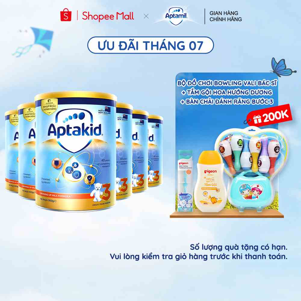 Combo 6 Sữa bột Aptakid New Zealand hộp thiếc (900g/lon) cho bé từ 24 tháng tuổi