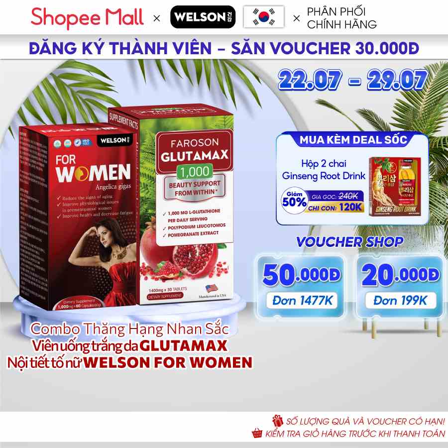 Combo Thăng Hạng Nhan Sắc Viên Uống Trắng Da Glutamax và Viên uống Nội Tiết Tố Welson For Women