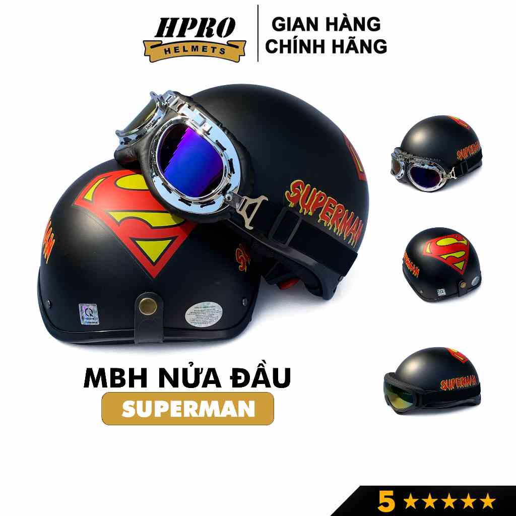 Mũ bảo hiểm nửa đầu Hpro Helmet chính hãng, tem hình Superman mạnh mẽ, nón 1/2 đầu Freesize (55-59cm),kèm kíh UV,phi côg