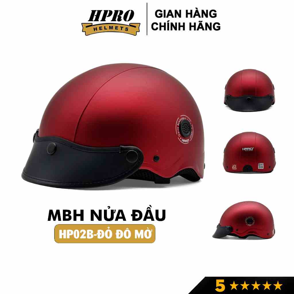 Mũ bảo hiểm nửa đầu thương hiệu Hpro helmet, màu đỏ đô mờ nổi bật, kiểu dáng trẻ trung năng động