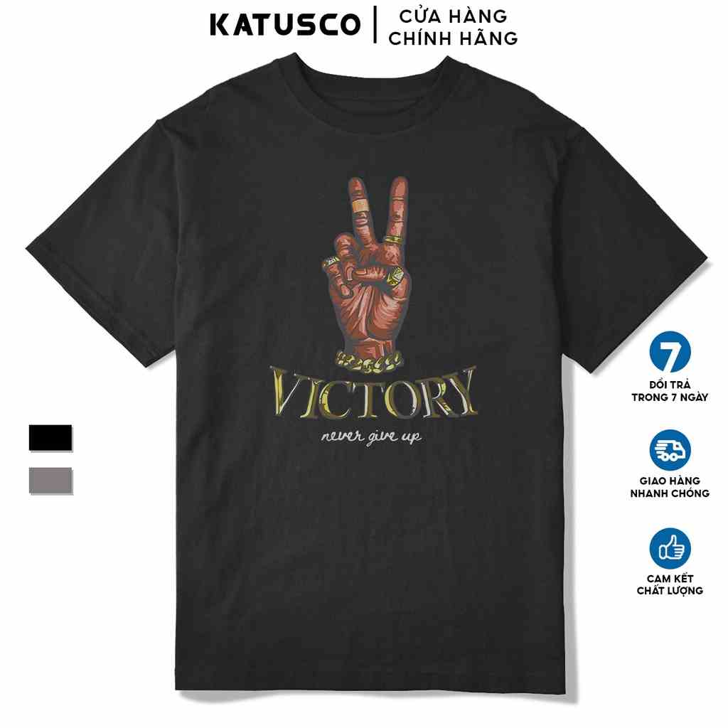 Áo Thun Nam Oversize KATUSCO In Hình Victory A2317, Cotton 100% 2 Chiều, Phom Rộng Từ 50-80Kg