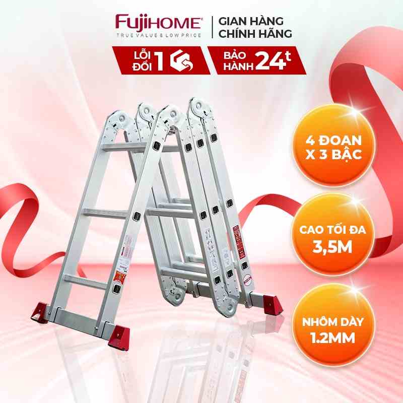 Thang nhôm gấp đa năng 4 đoạn nhập khẩu FUJIHOME ML104N gấp nhiều kiểu - chống trơn trượt - cao tối đa 4,5m