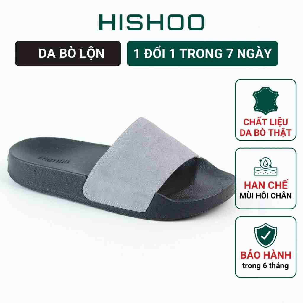 Dép quai ngang slipper xám cao cấp nam, nữ  HISHOO siêu nhẹ  da bò thật thời trang size 33 - 46 U333