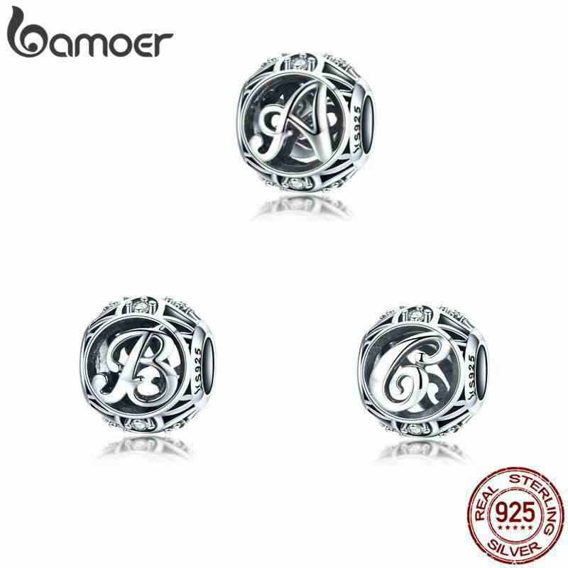 Bamoer Hạt Charm Bạc 925 Đính Hạt chữ cái A~Z Cho Tự Làm Vòng Tay Vòng Cổ Trang Sức Phụ Kiện