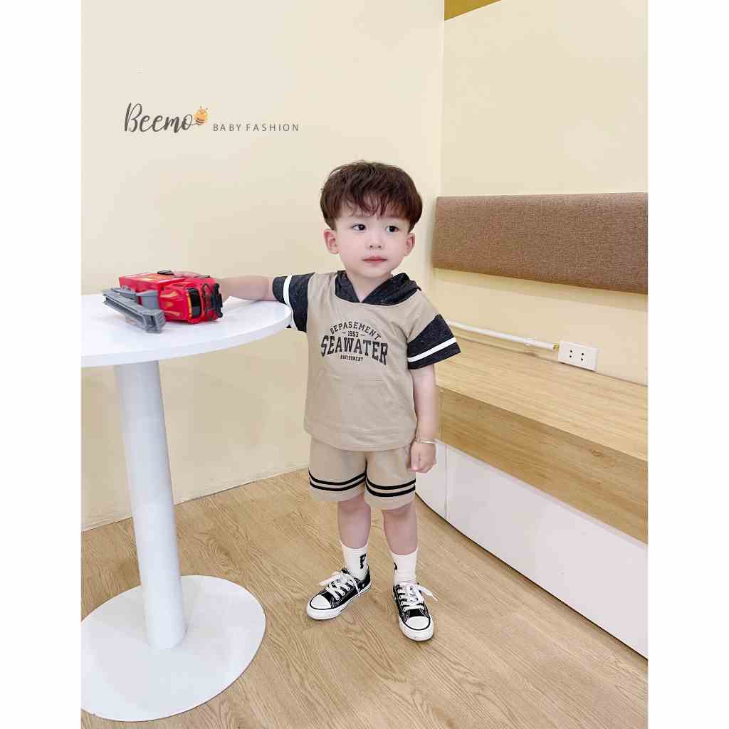 Set bộ hoodie Beemo in chữ Seawater mặc hè chất liệu cotton co giãn, thấm hút mồ hôi cho bé từ 1 - 7 tuổi 22429B