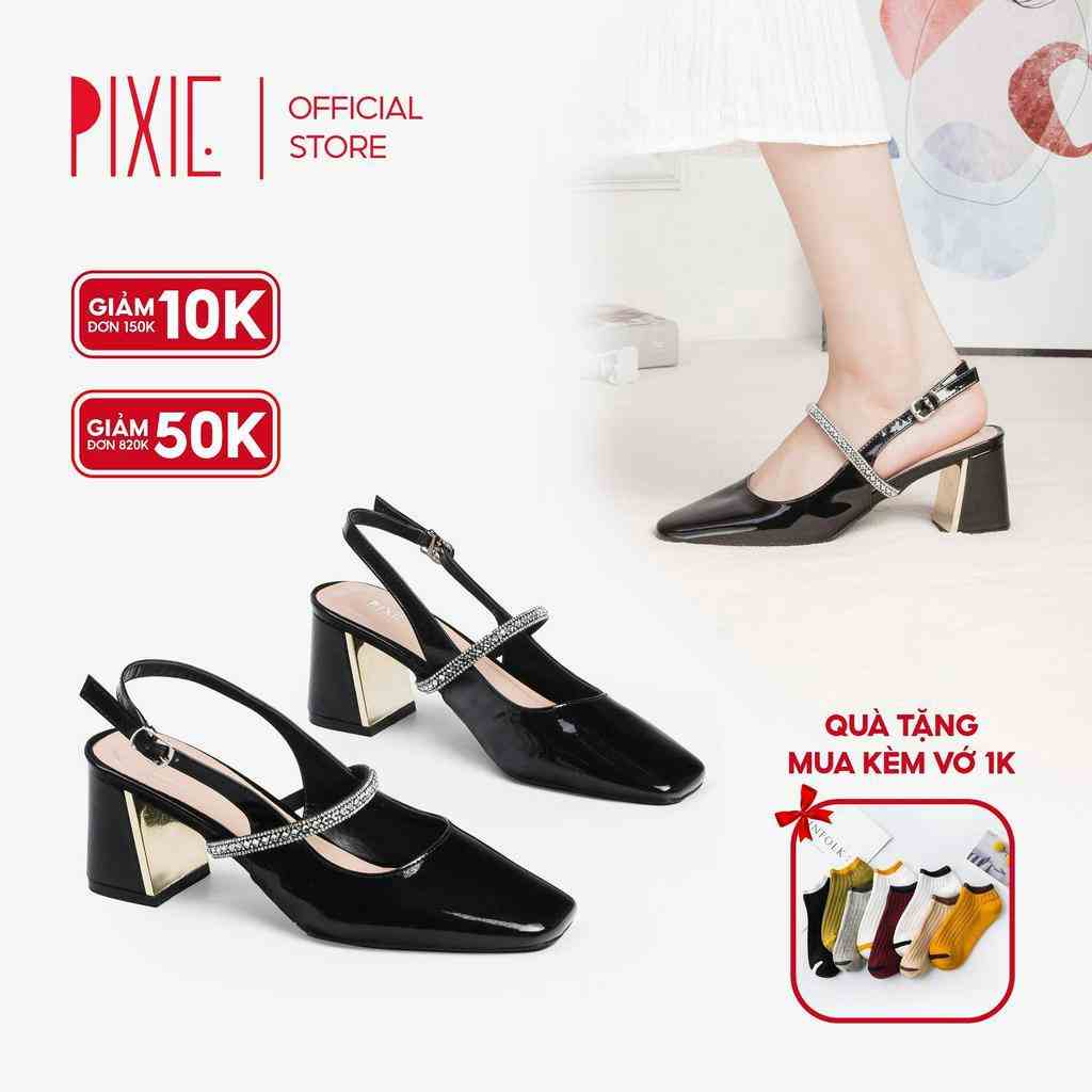 Giày Cao Gót 6cm Quai Ngang Đính Đá Mũi Vuông H091 Pixie