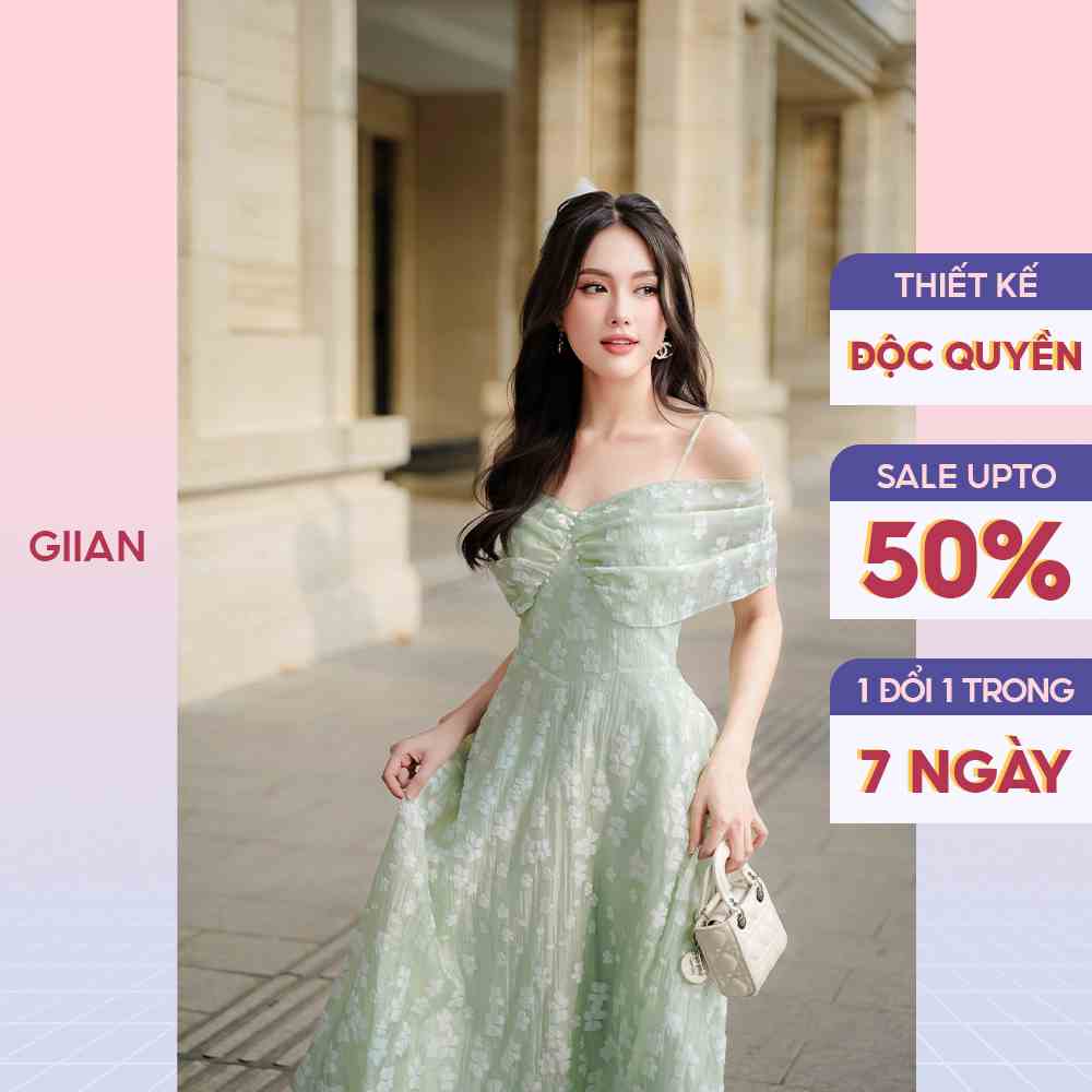 Váy dáng dài trễ vai thiết kế 2 dây cách điệu in họa tiết hoa nổi chính hãng Giian - GV2680