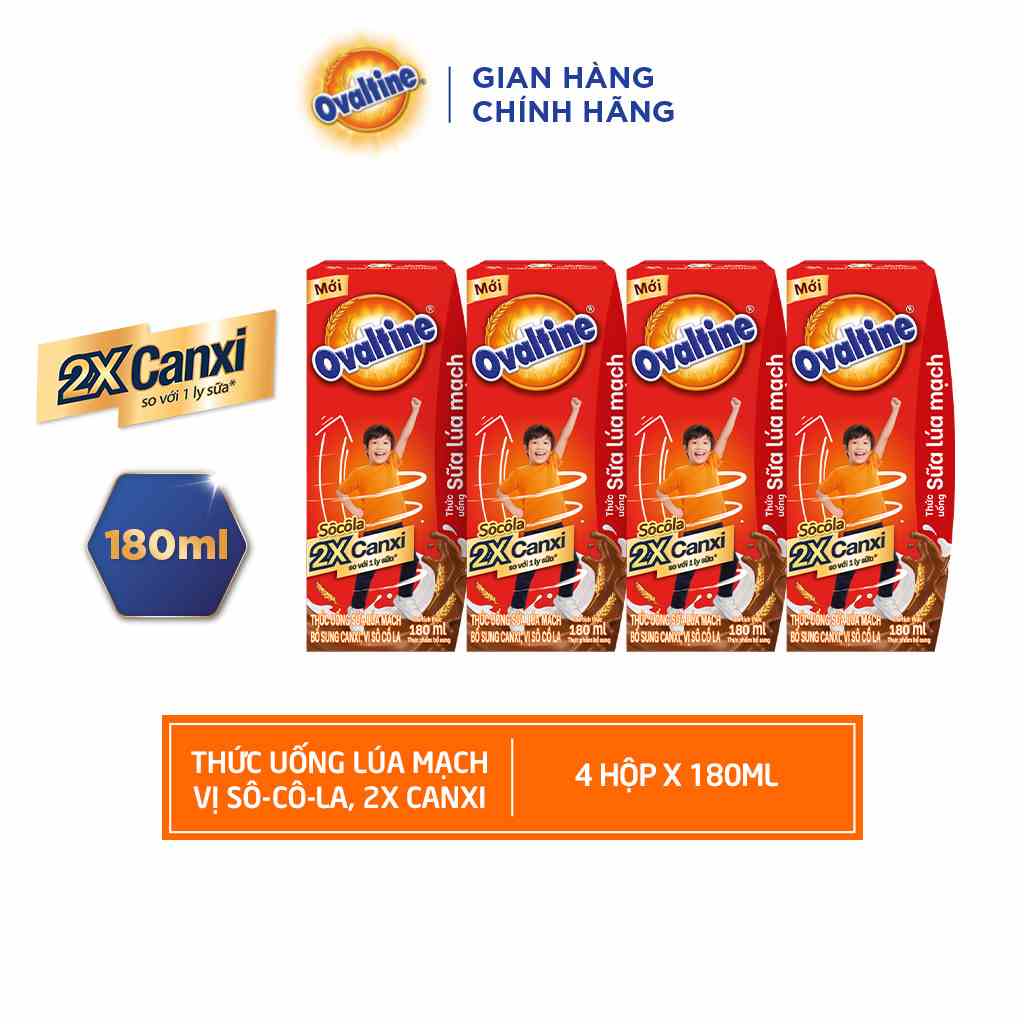 [Mã BMLTB35 giảm đến 35K đơn 99K] Thức uống lúa mạch gấp đôi Canxi hương vị sô-cô-la Ovaltine (180ml x 4)