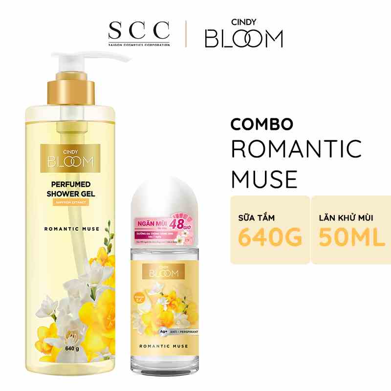 Combo Sữa tắm + Lăn khử mùi Cindy Bloom Romantic Muse hương quyến rũ 640g + 50ml