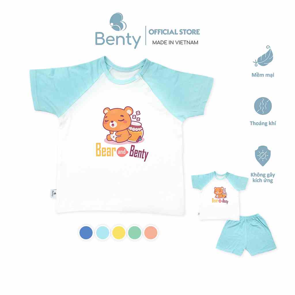 Bộ cộc tay cài chéo BENTY BT010 in hình Bear cotton mềm, mịn, quần áo bé trai, bé gái cao cấp