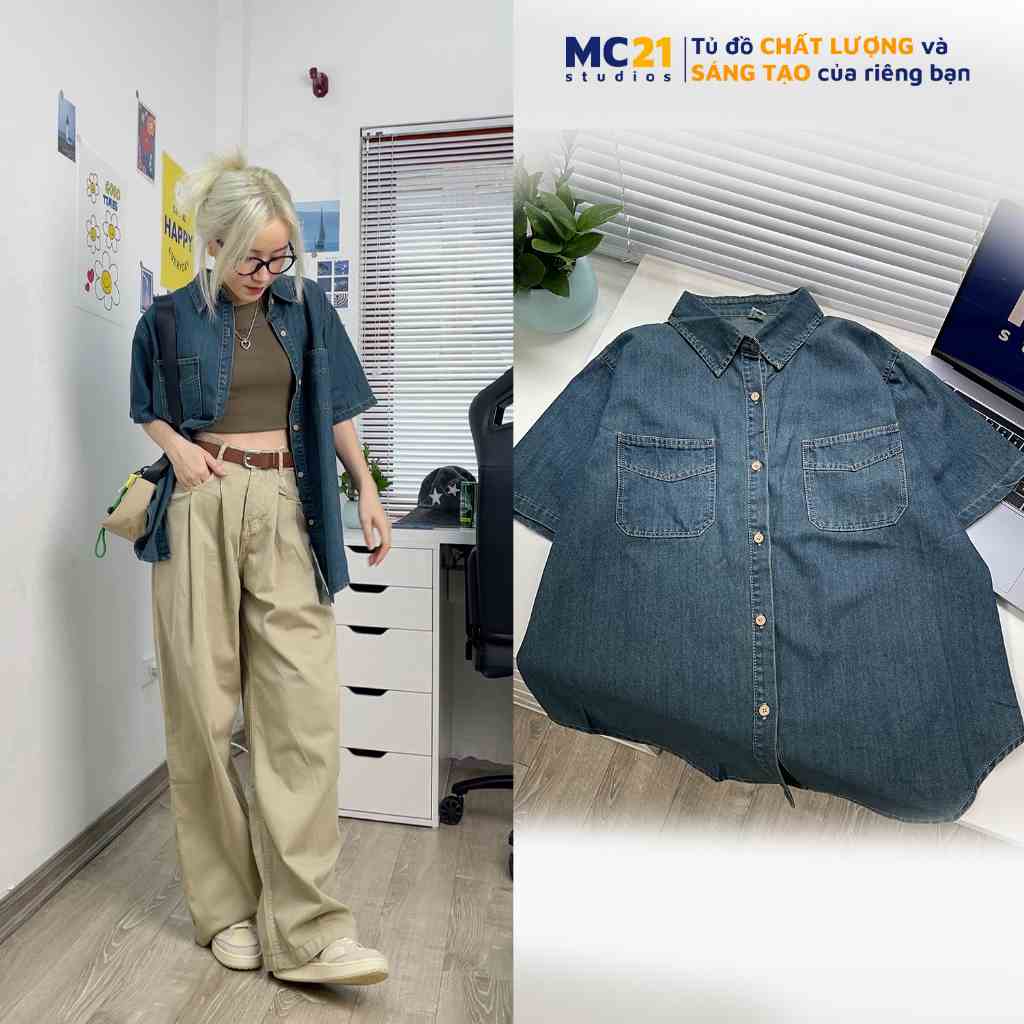 Áo sơ mi jean MC21.STUDIOS dáng vừa Ulzzang Streetwear Hàn Quốc form rộng t-shirt somi chất denim bò xịn A3635