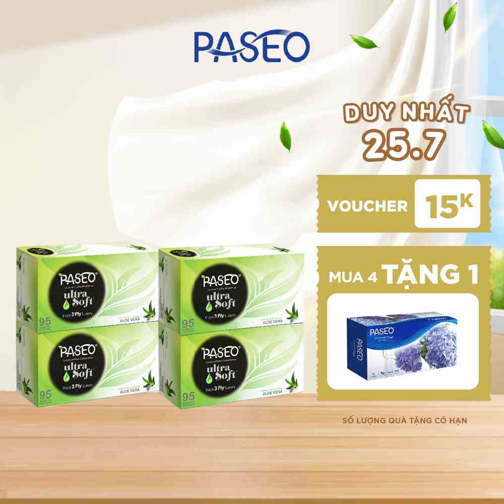 Combo 4 hộp khăn giấy lau mặt Paseo chiết xuất Aloe Vera 95 tờ 3 lớp, mềm mịn như nhung