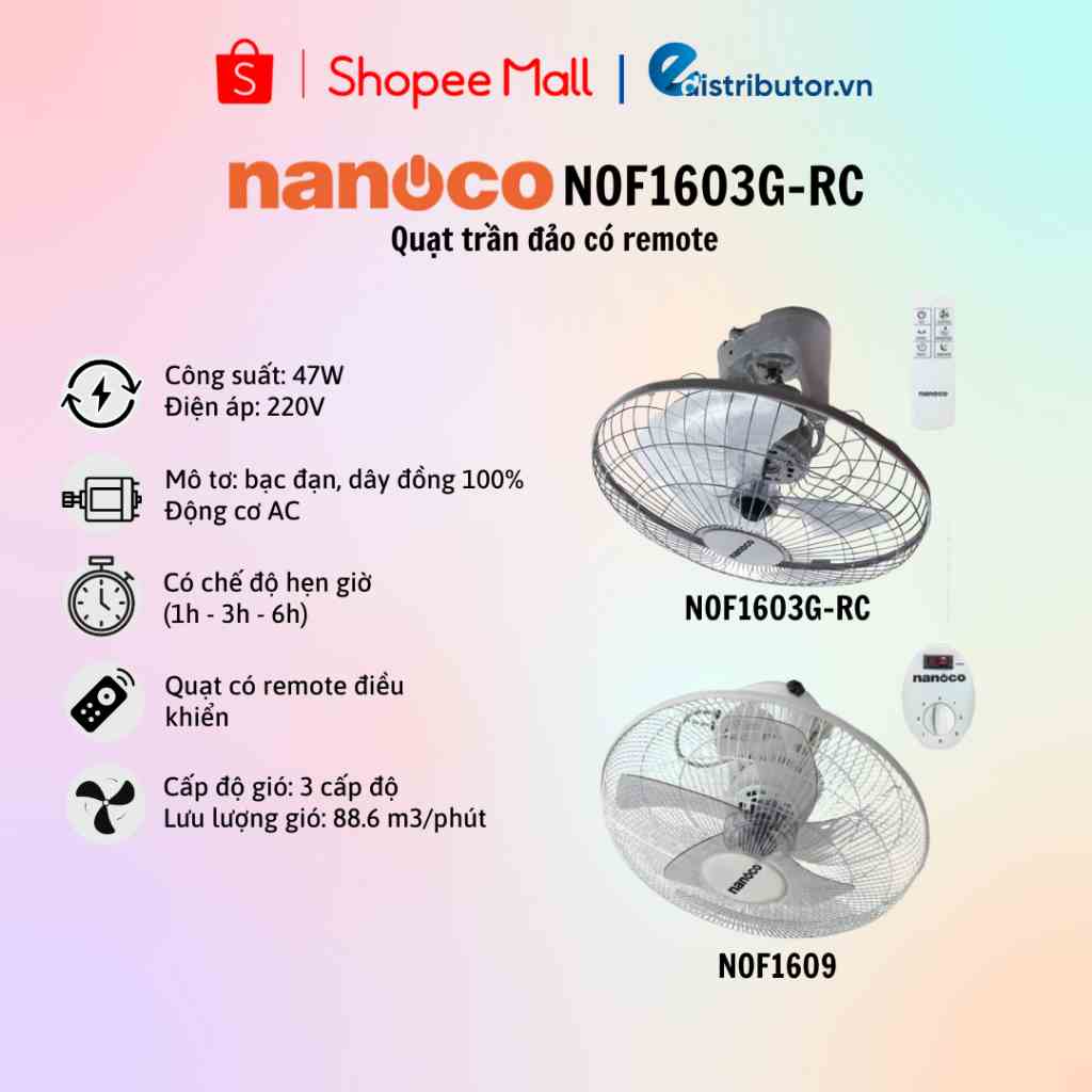 Quạt trần đảo Nanoco NOF1603G-RC có remote điều khiển (47W) - 100% chính hãng