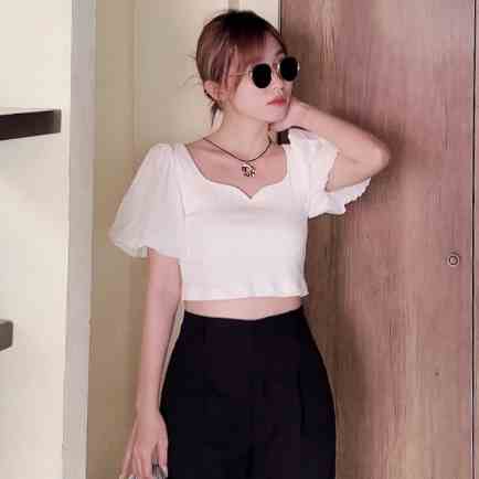 [Mã BMLTB35 giảm đến 35K đơn 99K] Áo croptop kiểu tay phồng cổ vuông thời trang GAGO màu trắng GA4357