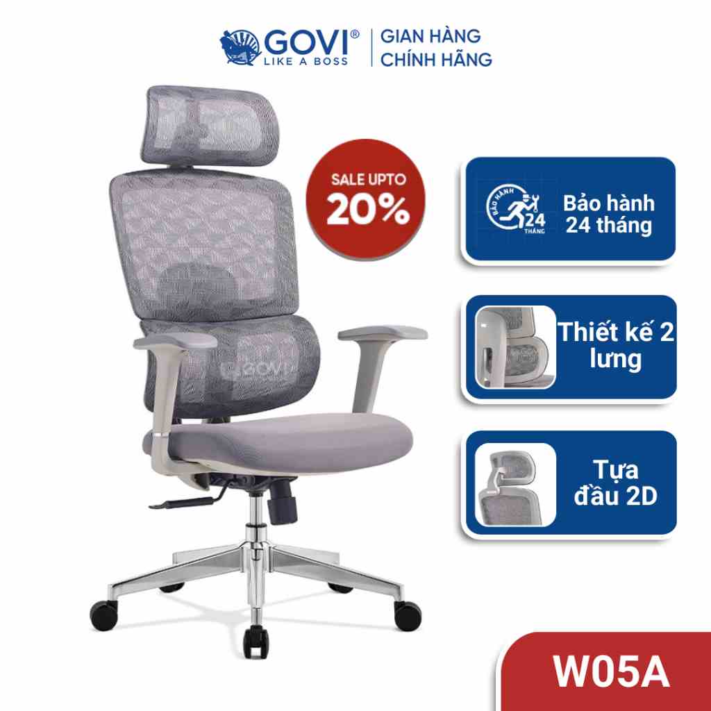 Ghế công thái học Ergonomic GOVI Win W05A- Khung ghế chắc chắn, vải lưới nhập khẩu thoáng mát, thiết kế tinh tế