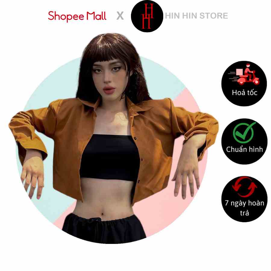 [Mã BMLTB35 giảm đến 35K đơn 99K] Áo sơ mi croptop tay dài màu nâu đậm HAC152 Hỉn Hỉn Store