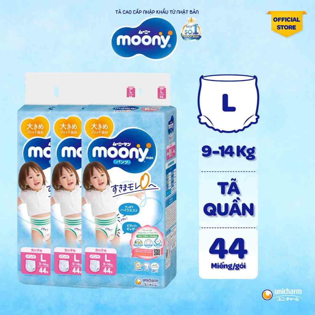 [V] Bộ 3 Tã quần cao cấp Moony Bé Gái L44/XL38/XXL26 - Nhập khẩu Nhật Bản