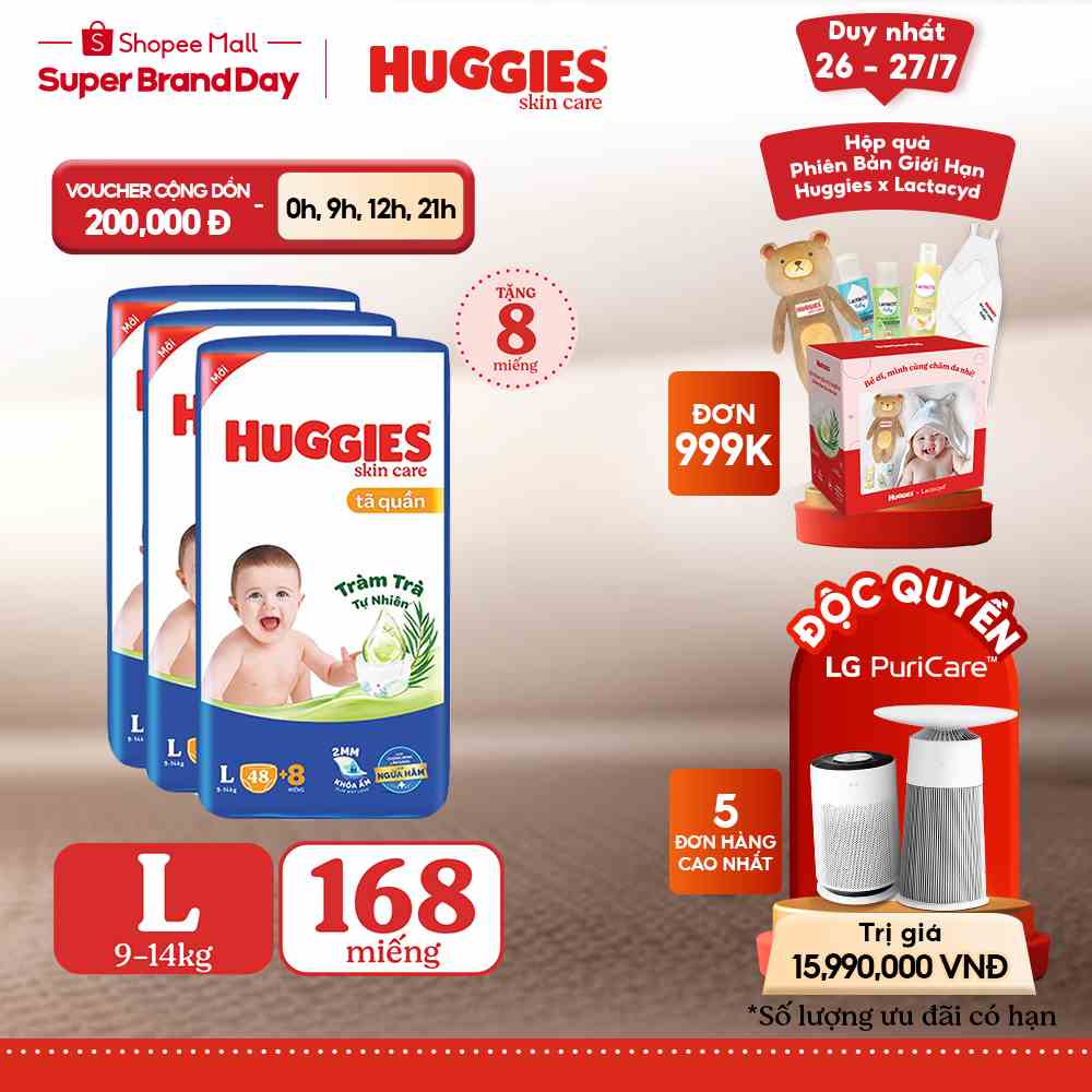 Combo 3 Tã quần Huggies Skincare Big Jumbo M56/L48/XL40/XXL36+8