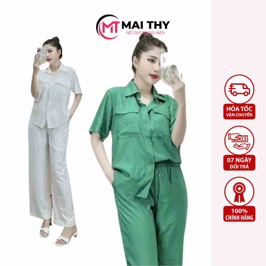 Bộ Trung Niên MAI THY S405, Set Đũi Tơ 2 Túi Cổ Sơ Mi Ngắn Tay Quần Dài Sang Trọng Lịch Sự | Thời Trang Trung Niên U40+