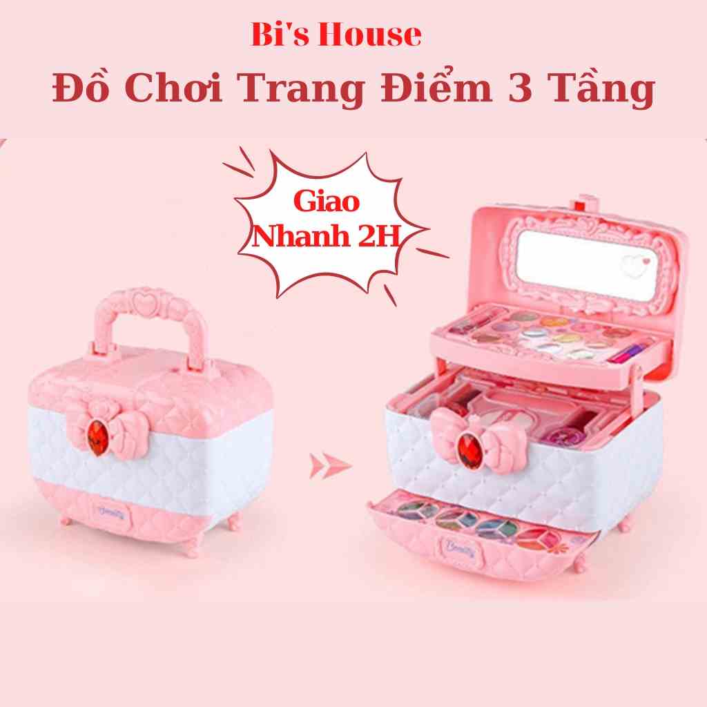 Đồ chơi trang điểm cho bé gái 3 tầng Bis House, hộp trang điểm cho bé màu hồng cao cấp, an toàn, dễ làm sạch