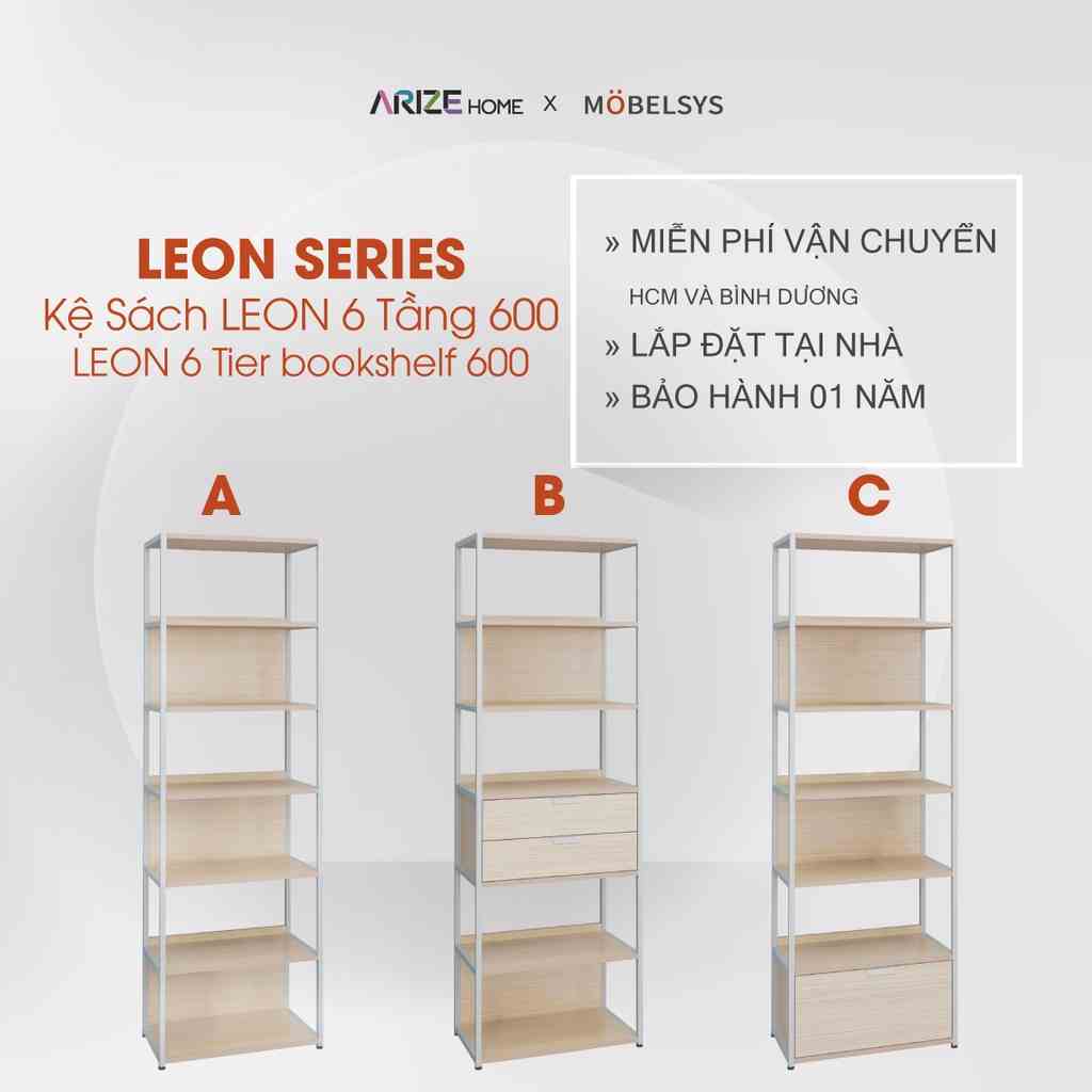 [Mã BMLTB200 giảm đến 100K đơn 499K] Kệ Sách Gỗ Có Khung Kim Loại ARIZE Mobelsys Leon 6 Tầng 600*1948