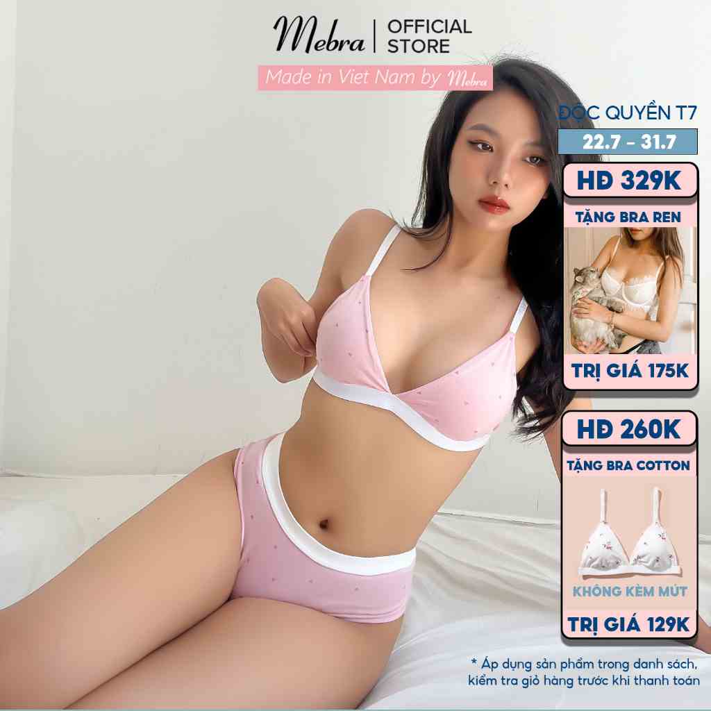 Set đồ lót cotton áo bra mút mỏng không gọng móc lưng sau quần tam giác cá tính gợi cảm cao cấp Mebra A062