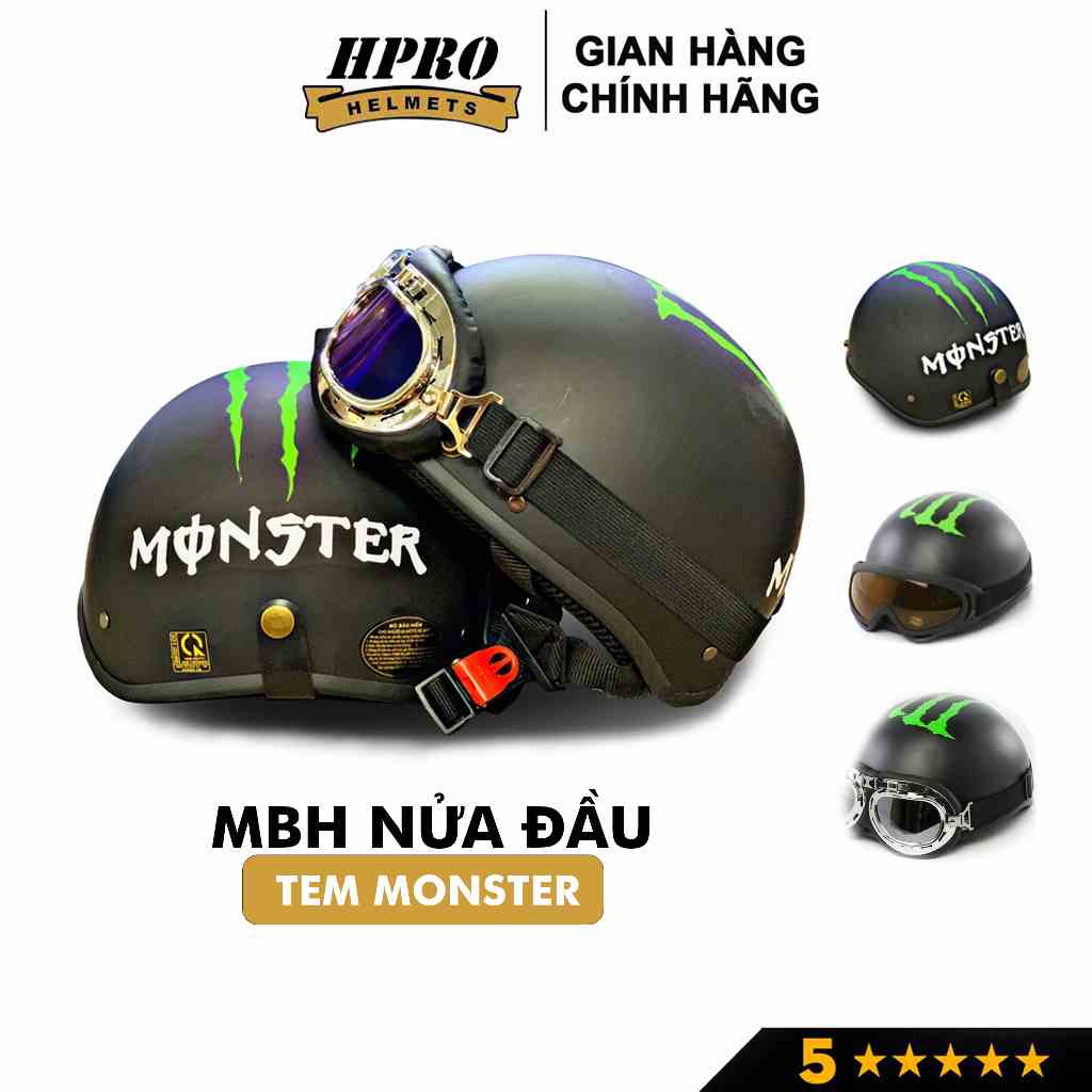 Nón bảo hiểm 1/2 đầu thời trang Hpro Helmet, mũ Freesize (55-59cm) đạt chuẩn an toàn, tem hình Monster mạnh mẽ, cá tính