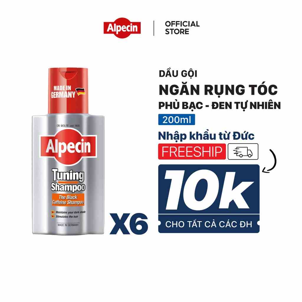 Combo 6 dầu gội phủ bạc Caffeine Alpecin Tuning giúp làm đen tóc tự nhiên, ngăn rụng tóc - Black Tuning Caffeine Shampoo