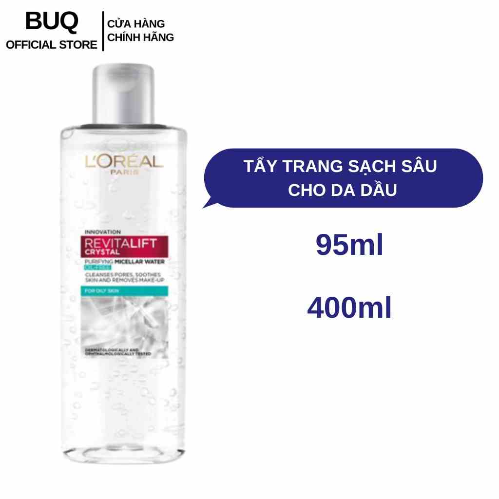 Nước Tẩy Trang LOréal Paris XÁM Sạch Sâu Cho Da Dầu Revitalift Crystal Purifying Micellar Water 400ml, 95mL