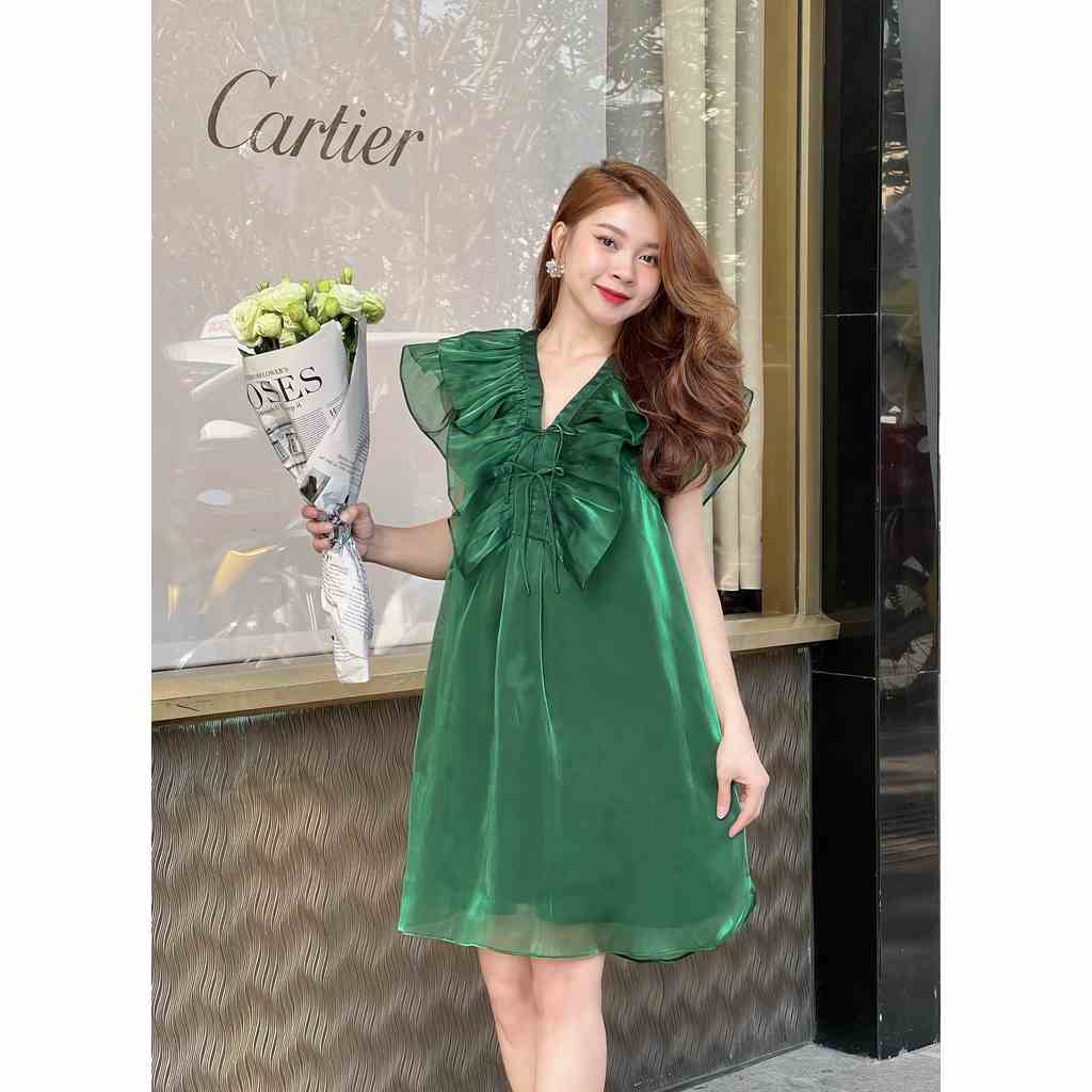 Váy babydoll sát nách tay bống, đầm maxi organza bèo cổ chữ V chất liệu vải bóng dáng ngắn đi chơi, đi biển