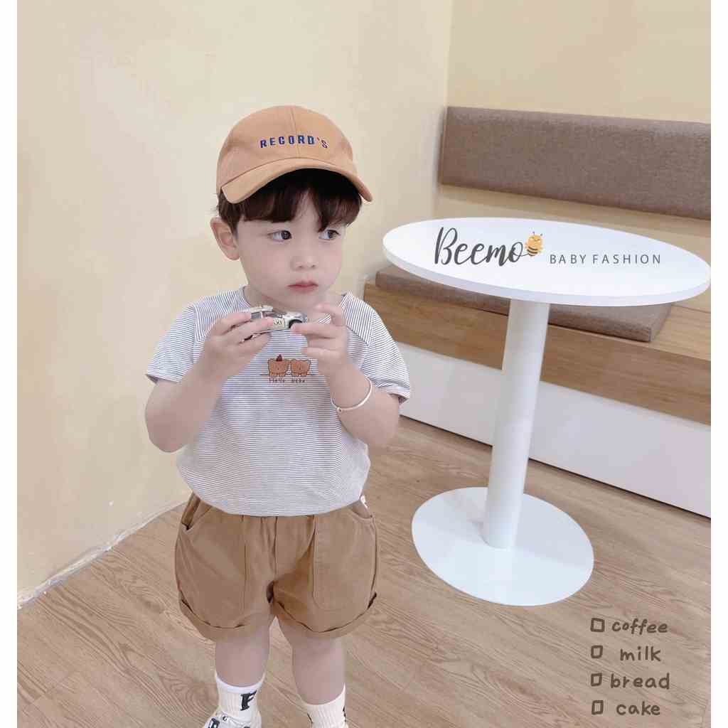 Áo phông Beemo cộc tay in gấu phối kẻ ngang, vải cotton thấm hút mồ hôi mặc hè cho bé từ 1 - 7 tuổi 22005A2