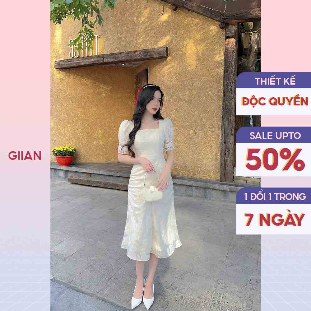 Váy đuôi cá dáng dài tay bồng in hoa nổi đi dự tiệc cổ vuông nhún eo chính hãng Giian - GV2641