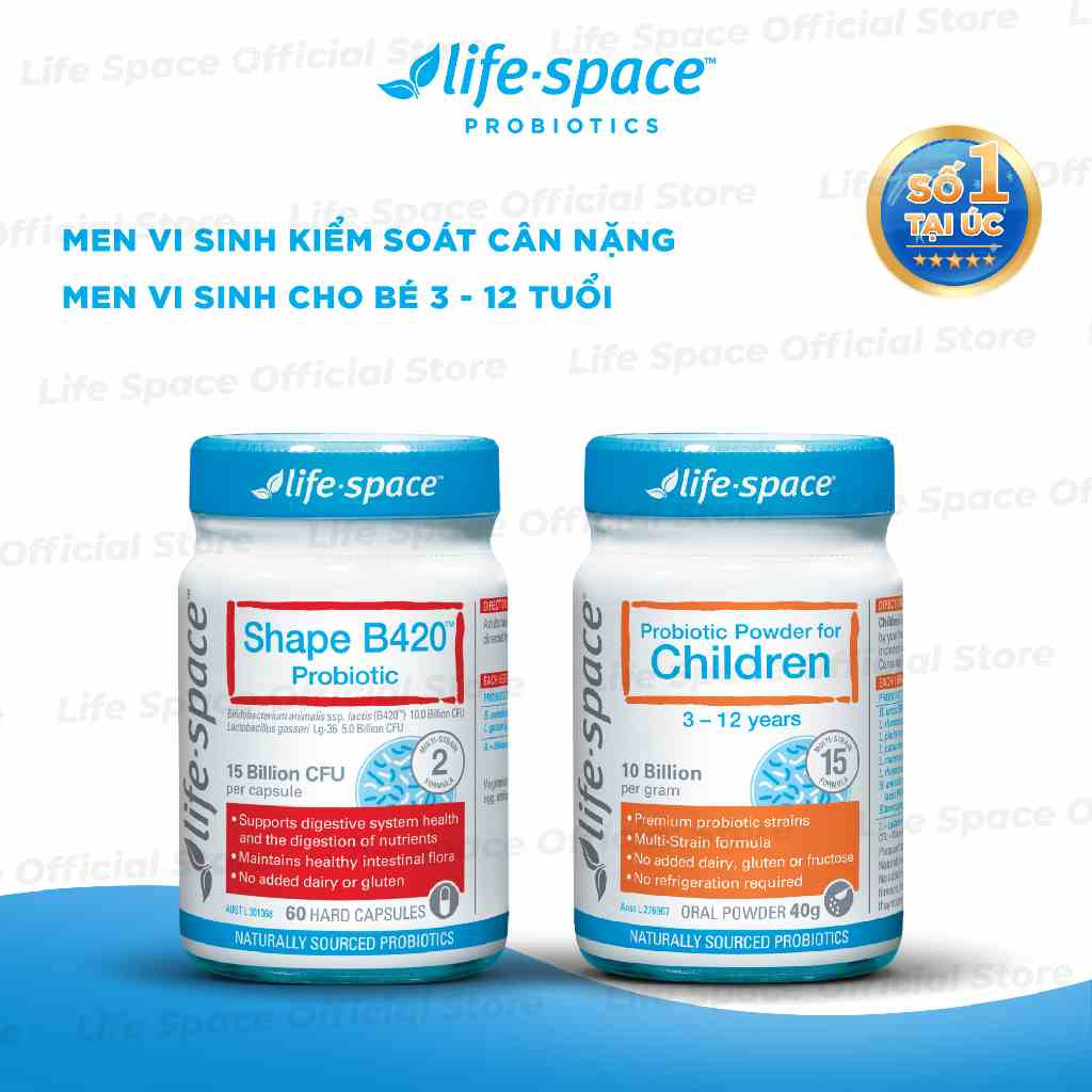 Combo Men vi sinh Life Space Shape B420 Probiotic 60v & Probiotic Power for Children dành cho bé 3 - 12 tuổi 40g