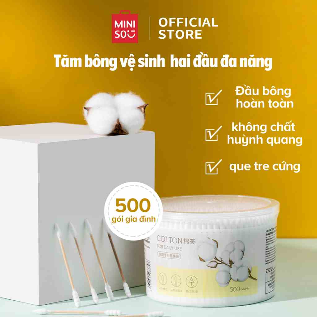 Tăm bông đóng hộp Miniso 500 que đầu đôi nhiều công dụng