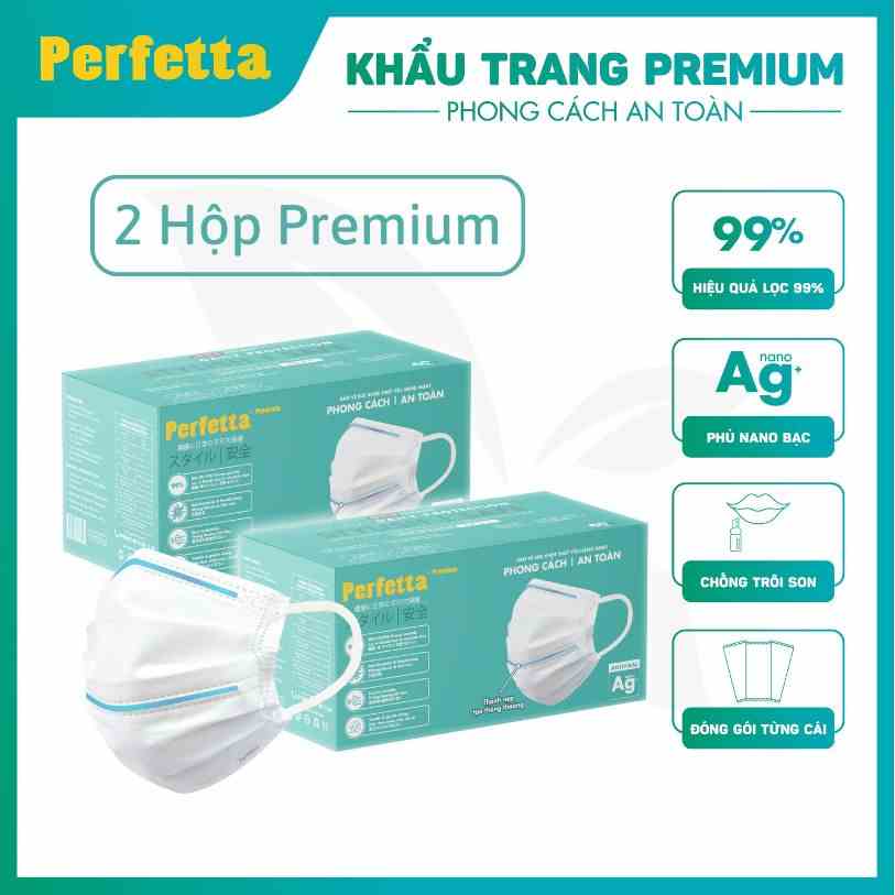 [Premium AG+] Combo 2 Hộp Khẩu Trang Cao Cấp Chuẩn Nhật Perfetta Premium AG+, 2 Thanh Nẹp Thông Thoáng (40 cái/hộp)