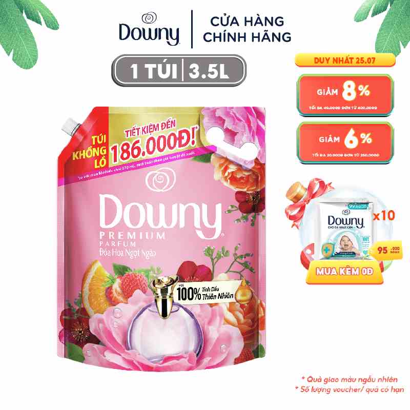 Nước Xả Vải Downy Tinh Dầu Thiên Nhiên Bung Tỏa Hạnh Phúc/ Đóa Hoa Ngọt Ngào Túi 3.5L (ngẫu nhiên)