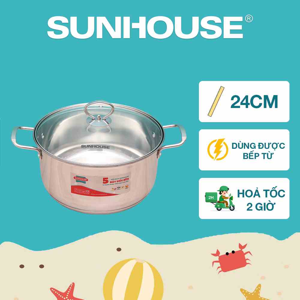 Nồi lẻ inox 5 đáy 24cm SUNHOUSE SHG788-24 - Dùng được bếp từ