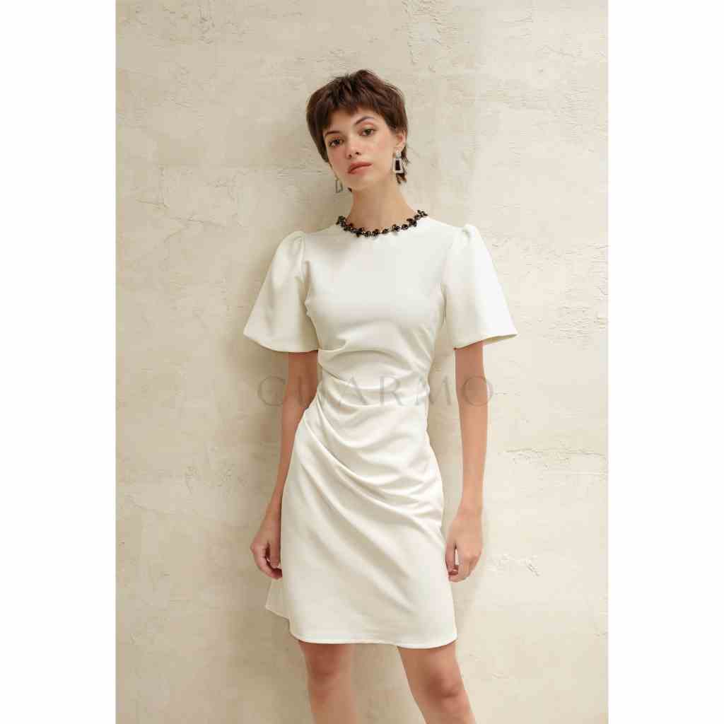 Đầm thiết kế cổ tròn CHARMO nhúng eo tay phồng vải cotton mịn có độ co giãn và rủ nhẹ Drawstring Necklace Dress