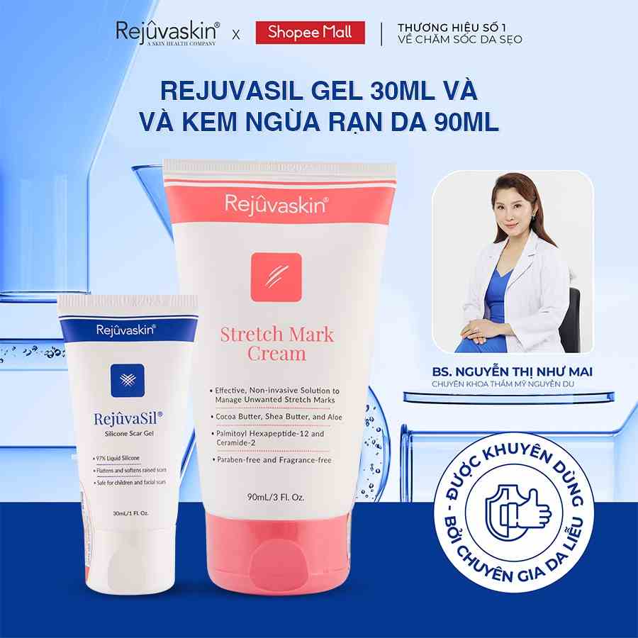 Combo chăm sóc da Rejuvaskin làm xẹp sẹo Rejuvasil Gel 30ml và làm mờ vết rạn da Stretch Mark Cream 90ml - DH Beauty